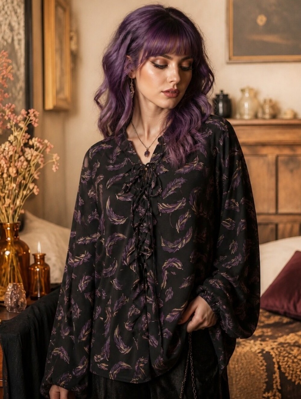 Lane Bryant Black Tie-Neck Blouse with Purple Feather Print